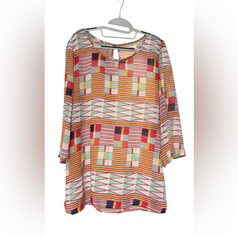 Umgee Multicolor Geometric Print Tunic — Orange, Teal, Pink, Navy Size 1XL